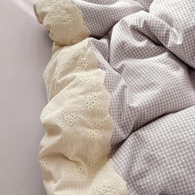 LifeTB Purple Gingham Duvet Cover Twin Cozy Washed Microfiber Purple Checkered Plaid Duvet Cover with 2 Pillowcases Romantic White Lace Comforter Cover 3 Pieces Gingham Grid Bedding Set
