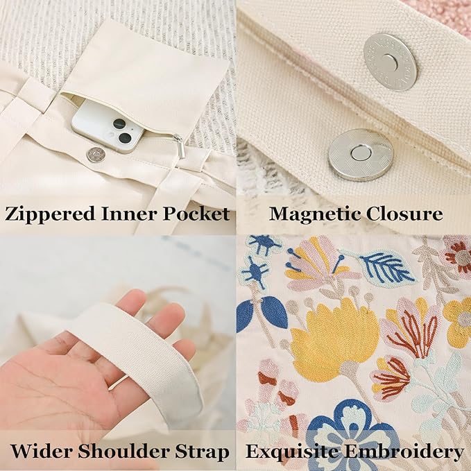 Aesthetic Embroidery Tote Bag for Lady Cute Reusable Canvas Shoulder Bag for Girls Women Shopping Grocery