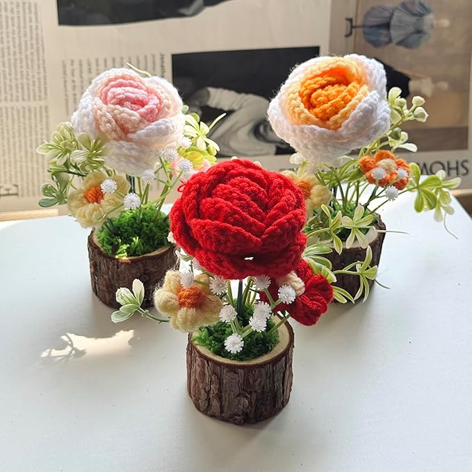 Handmade Crochet Rose Bouquet Knitted Creative Potted Plant Cute Home Desktop Decorations and Gifts for Friends, Lovers, Classmates (Yellow Roses)