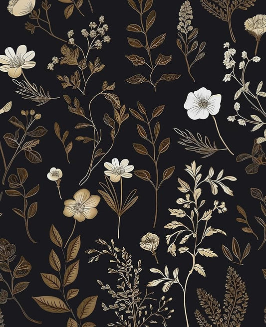 Vintage Dark Floral Wallpaper, Moody Black Leaf Botanical Removable Contact Paper for Bedroom Bathroom Drawer, Boho Floral Self Adhesive Wall Paper Brown Taupe Flower Wall Decor 17.5" x 118"