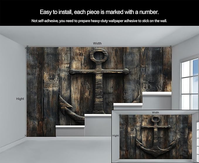 Nautical Anchor Wall Mural, Coastal Style Anchor 3D Wall Murals, Ocean Nautical Wallpaper Mural, for Living Room Bedroom Large Wallpaper Indoor Decor 118" W x 82.6 "H