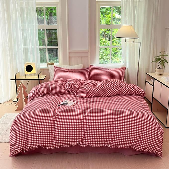 LifeTB Queen Comforter Set Red Gingham Comforter Modern Style Plaid Boho Comforter Set 3 Pieces Fluffy Grid Checkered Comforter with 2 Pillowcases Farmhouse Gingham Bedding Set Queen Size