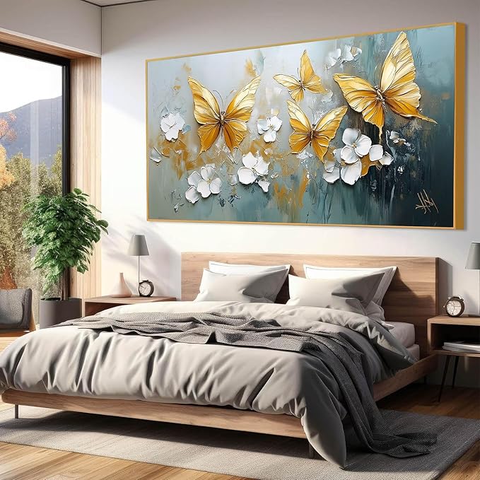 Butterfly Canvas Wall Art, Butterfly and Flower Wall Decor, Butterfly Prints, Abstract Textured Canvas Wall Art, Artwork for Walls, Oil Painting Wall Art, Wall Decor Living Room (Gold Frame, *62"x31"|160x80cm)