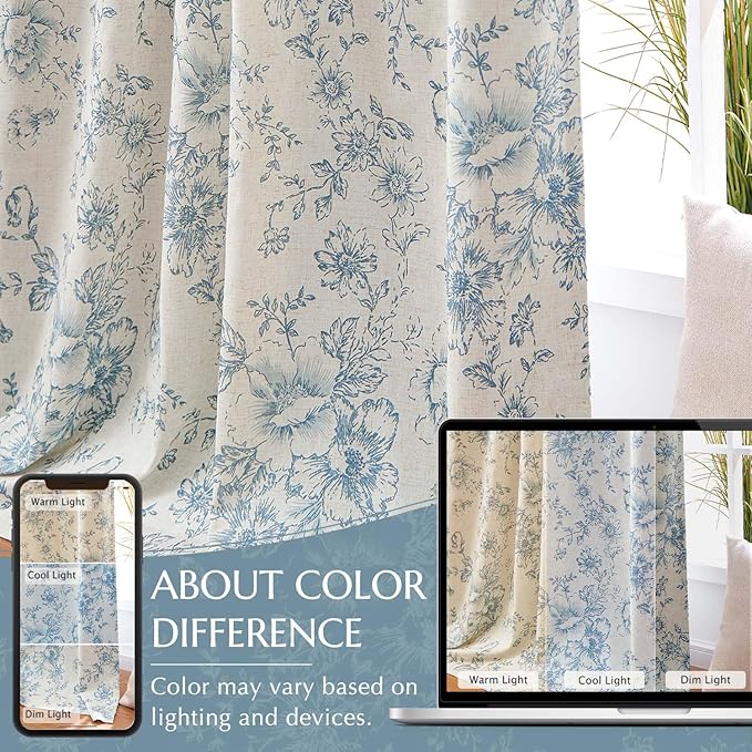 jinchan Blackout Linen Blend Curtain Floral Blackout Curtains for Living Room 63 Inch Length Blue Printed with Lined Blackout Curtain for Bedroom Farmhouse Curtains Set 2 Panels
