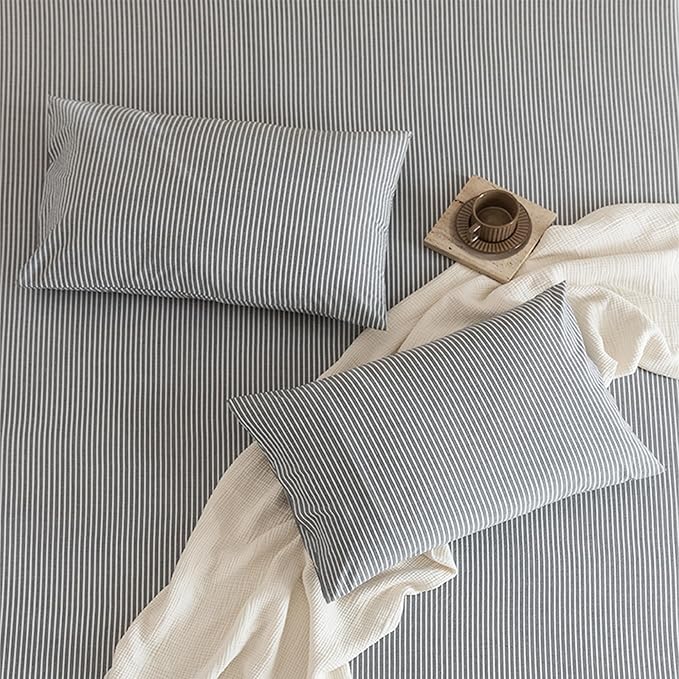 JIYUAN 100% Washed Cotton Striped Duvet Cover Set 3 Pieces Queen, 1 Duvet Cover and 2 Pillowcases(Comforter Not Included),Linen Like Comfy and Breathable,Pinstripes-Heathered Dark Grey White
