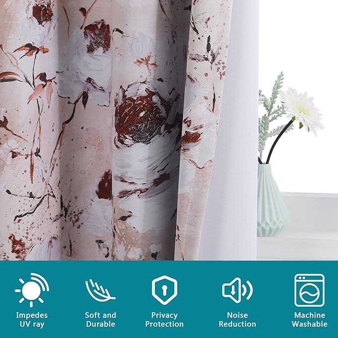 MYSKY HOME Floral Curtains - 63 inch Length, 2 Panels for Bedroom, Darkening Thermal Insulated, Flower Printed with Grommet in Burgundy and White