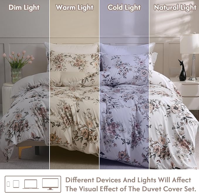 LONAVA Queen Floral 3 Pcs Duvet Cover Set, Breathable Soft Microfiber Light Grey Lining Comforter Cover with Zipper Closure, and 2 Anti-Pilling, Fade Resistant Pillowcases, Withered Flowers