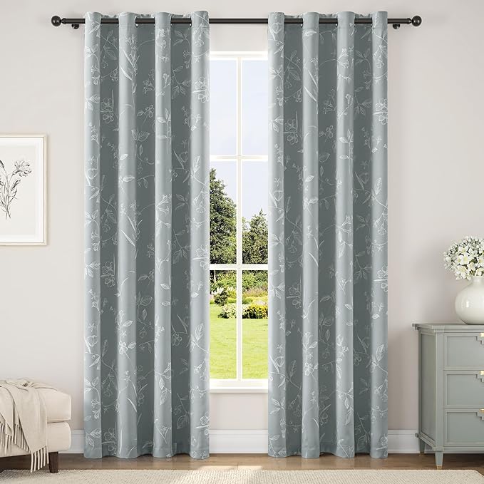 ChrisDowa Grey 100% Blackout Floral Curtains 72 Inches Long 2 Panels for Bedroom Living Room White Flower Patterned Room Darkening Thermal Insulated Soundproof Grommet Window Treatments Drapes,52X72