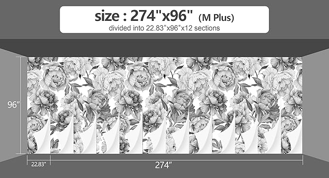Grey Peony Floral Wallpaper Bedroom Black and White Botanical Flowers Leaf murals Aesthetic Room Decor Living Room tv Background Large Wall Mural - 274"x96" Not Peel and Stick