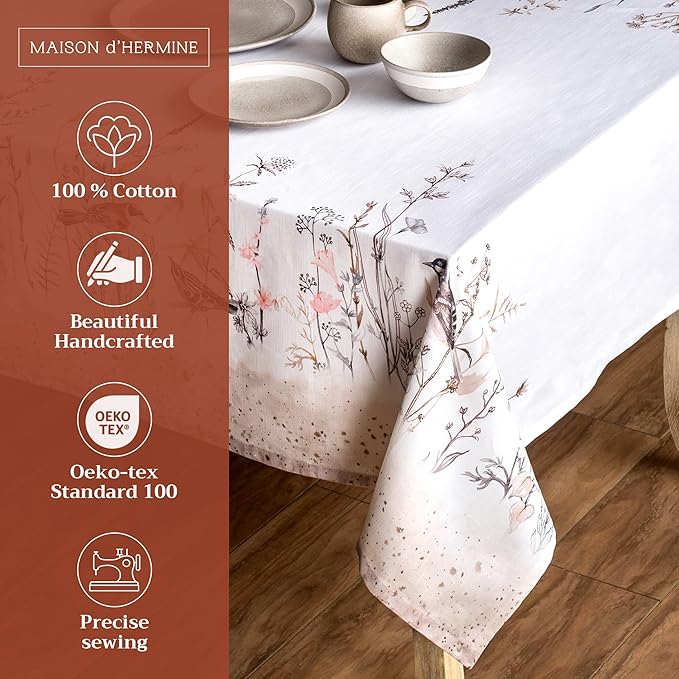 Maison d' Hermine Table Cloth Rectangle Table 100% Cotton 60 x 90 Inches Tablecloth Reusable for Dining Room, Farmhouse, Home, Party, Festive & Wedding Spring Summer - Meadow Florals - Brown