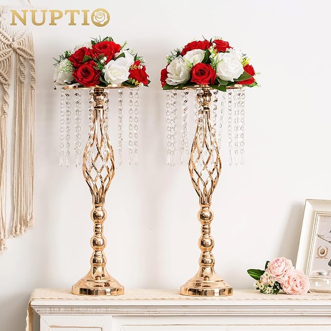 NUPTIO Flower Centerpieces for Wedding Tables: Red & White Artificial Flower Ball Arrangement for Christmas Thanksgiving Party - 2 Pcs Fake Floral Rose for Bridal Shower Decor