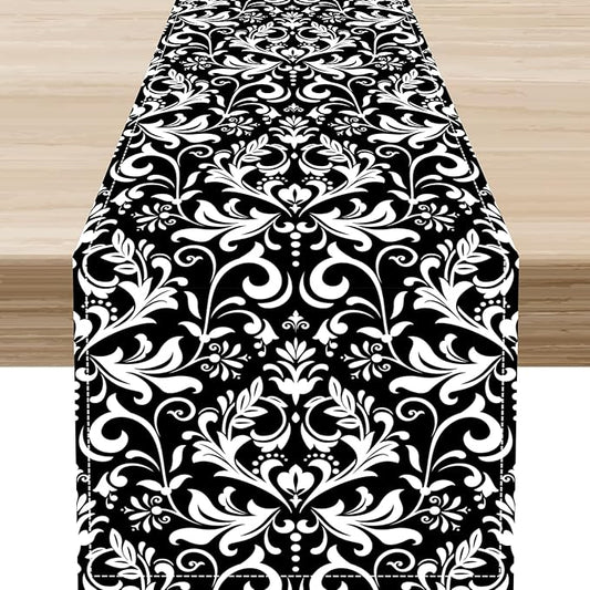 Black Damask Table Runner, Rustic Vintage Floral Antique Victorian Style Print Table Decor for Home Kitchen Dining Patio Holiday Party Indoor Outdoor Table Decorations 13x72 inch