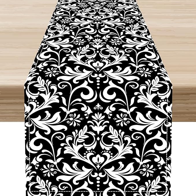 Black Damask Table Runner, Rustic Vintage Floral Antique Victorian Style Print Table Decor for Home Kitchen Dining Patio Holiday Party Indoor Outdoor Table Decorations 13x108 inch