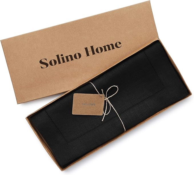 Solino Home Linen Black Table Runner 144 Inches Long - 100% Pure Linen Extra Long Table Runner 14 x 144 Inch for Spring, Easter - Classic Hemstitch