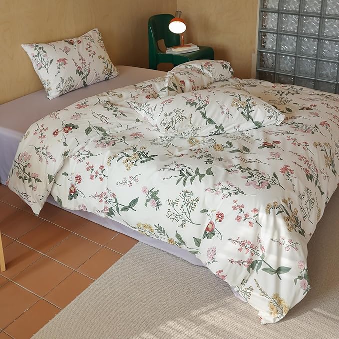 HighBuy Botanical Floral Comforter Set Queen - Pink Yellow Flower Cottagecore Coquette Bedding Comforter Set 3 Piece for Women Girls Boho Chic Fluffy Comforter Queen Size Aesthetic Bedding