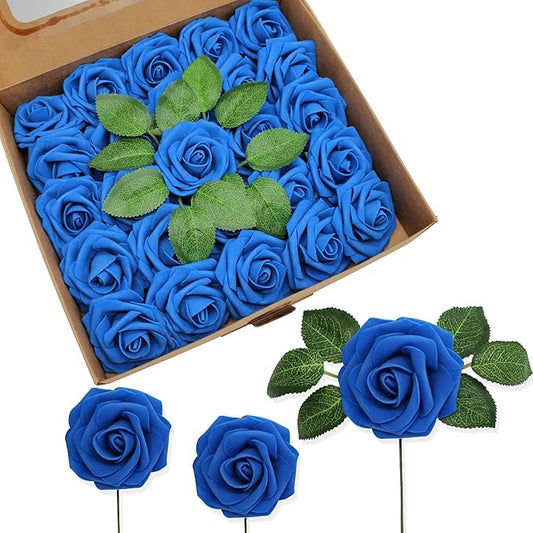 JOYLEX Artificial Flowers Realistic Roses, 50pcs Real Looking Fake Roses with Stem for DIY Wedding Bouquets Centerpieces Bridal Shower Party Home Romantic Decorations (Regular 3" - 50pcs, Blue)