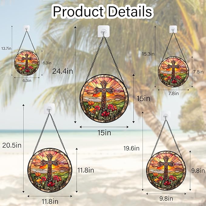 Christian Gifts for Women - Cross Stained Glass Window Hanging Jesus Easter Poppy Sunset Landscape Sun Catcher Garden Religion Decor Mother's Day Catholic Gift for Men Grandma Mom Her 6.3"
