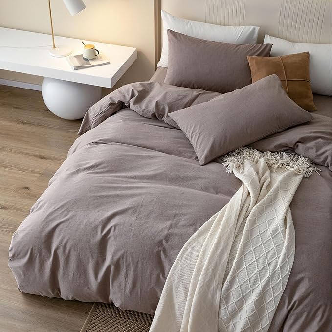 JIYUAN 100% Washed Cotton Duvet Cover Set 3 Pieces Super Queen, 1 Duvet Cover 90x98 Inches(Comforter Not Included) and 2 Pillowcases,Linen Feel Bedding Set Comfy and Breathable, Heathered Mauve Brown
