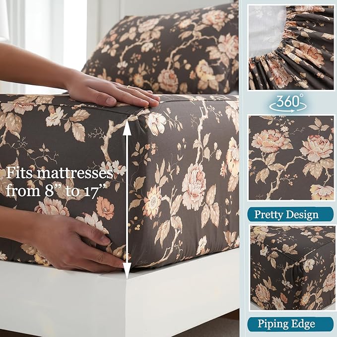 Zusbest Dark Brown Floral Bed Sheets Set - King Size Percale Cotton Shabby Rustic Peony Flower Print Bed Sheets - Soft Breathable Mocha Classic Vintage Bedding 4 Pcs Deep Pocket Flower Bed Sheets