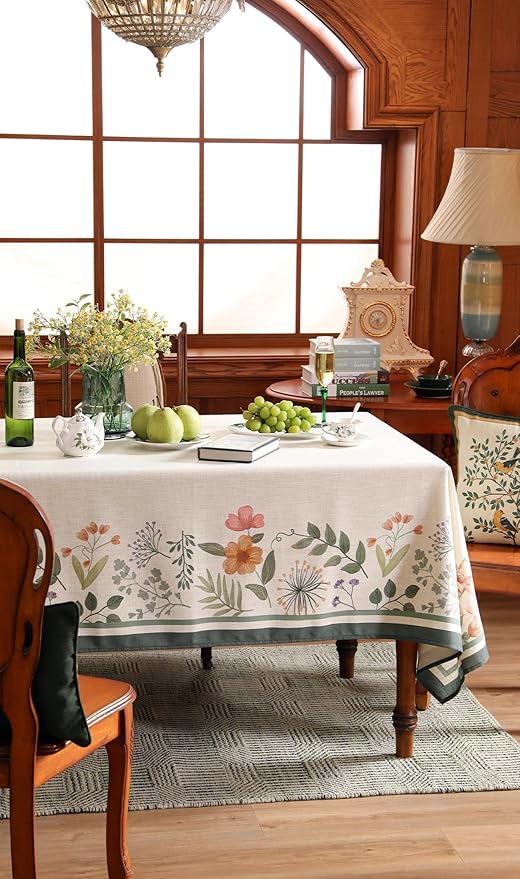 Beige Linen Extra Long Rectangle Tablecloth,Vintage French Shabby Chic Floral Wrinkle Free Table Cloth,Decor Table Cover for Kitchen,Dining,Christmas,Thanksgiving,67"*118"-Manolya