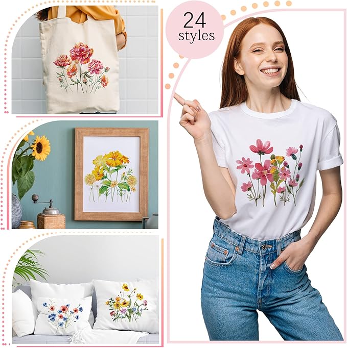 Kisston 24 Pcs Wild Flower Iron on Patches for Clothing Colorful Spring Summer Flowers Heat Transfer Stickers Decals Washable Iron on Transfers for T Shirts Appliques for Clothes DIY Pillows