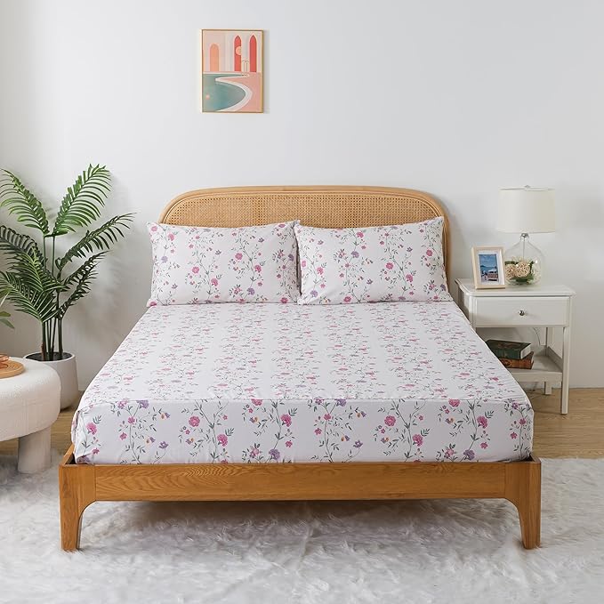 Zusbest California Sheets, Soft 100% Cotton Pink & Off White Floral Bed Sheets Shabby Vintage Chic Purple Flower Printed Sheets Breathable 4 Piece Deep Pocket 17.5‘’（Cal King,Rosy）