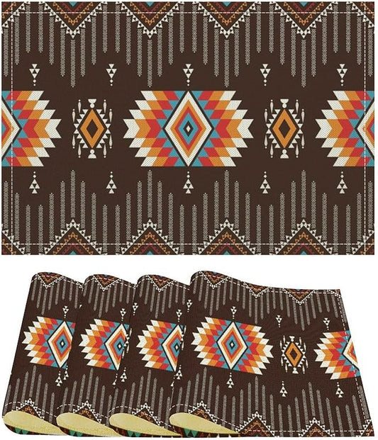 Aztec Tribal Placemats Set of 4 Retro Boho Western Native American Art Printed Dining Table Mats for Restaurant Home Kitchen Holiday Decor 12x18in