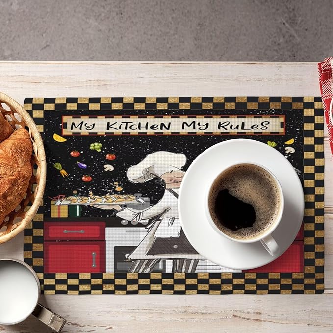 Fat Chef Kitchen Linen Placemats Set of 6 Funny Cooking Theme Placemats for Indoor Outdoor Party Home Desktop Dining Room Decor 12x18 Inch