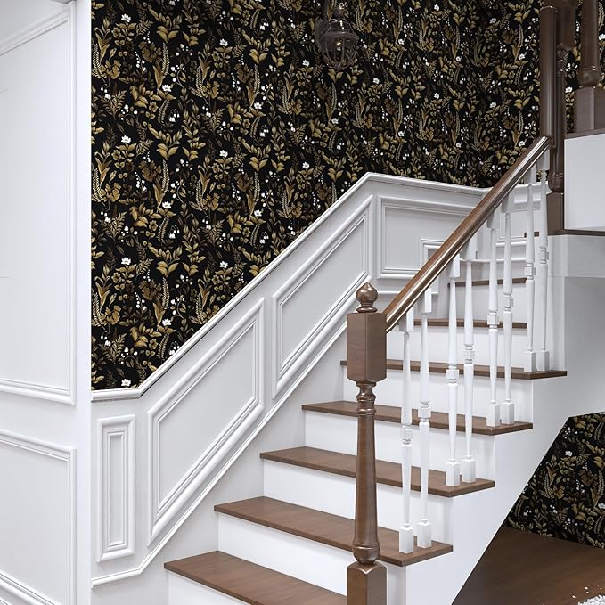 Dark Floral Peel and Stick Wallpaper, Vintage Leaf Pattern Black Gold Self Adhesive Removable Wallpaper for Bedroom Cabinet Kitchen, Vinyl Modern Contact Paper Retro Black Gold 17.5In x 118In