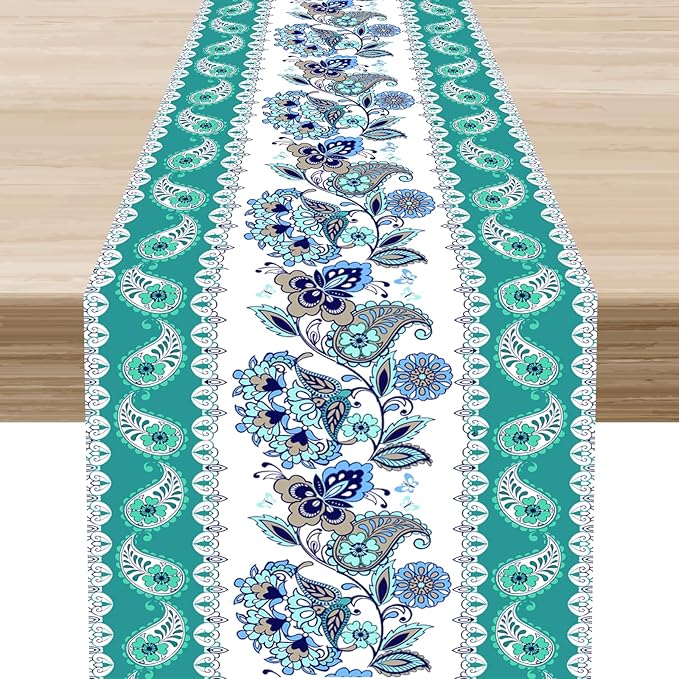 Paisley Table Runner, Rustic Blue Green Bohemian Damask Exotic Flower Cafe Table Center Decor for Home Kitchen Dining Patio Holiday Party Indoor Outdoor Table Decorations 13x90 inch