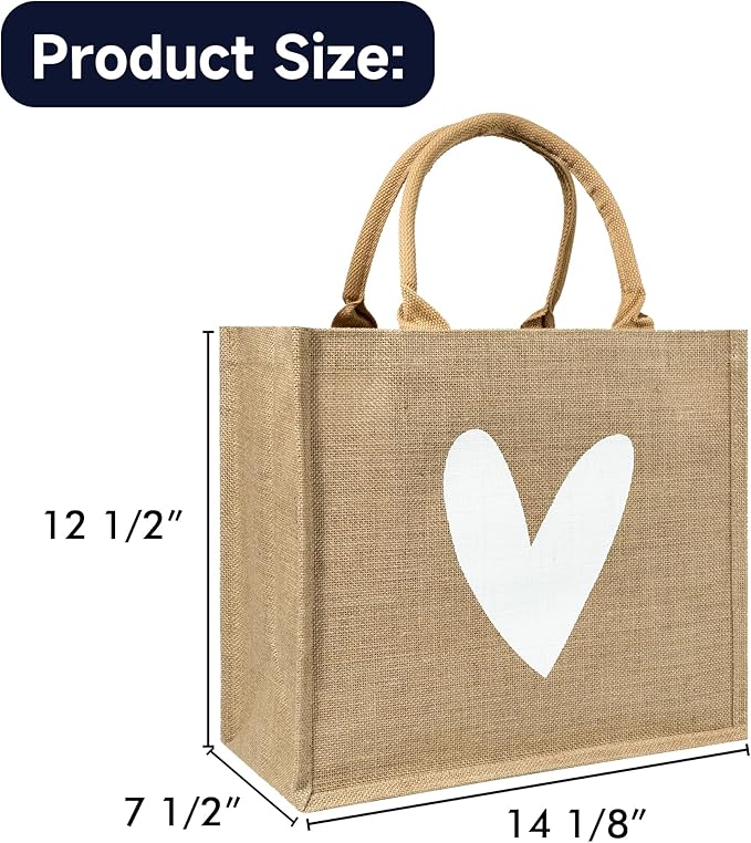 Burlap Tote Bags with Handles Only One White Heart Printed Reusable Jute Gift Bags Waterproof Lining for Valentine's Mother's Day Wedding Bridesmaid Bachelorette Beach Party