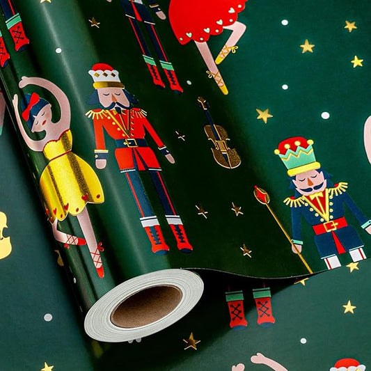 MAYPLUSS Christmas Wrapping Paper Roll - 17 Inch X 33 Feet - Vintage Metallic Foil Green and Gold Nutcracker Ballet Holiday Present Gift Wrap Paper for Christmas, Party, Winter Festive Celebrations