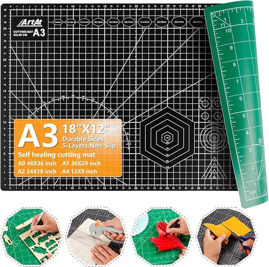 ArtAt Self Healing Cutting Mat: 12inch x 18inch Double Sided 5-Ply Fabric Cutting Mat for Sewing, Quilting & Arts & Crafts - Gridded Rotary Cutting Board Mat in Green/Black.