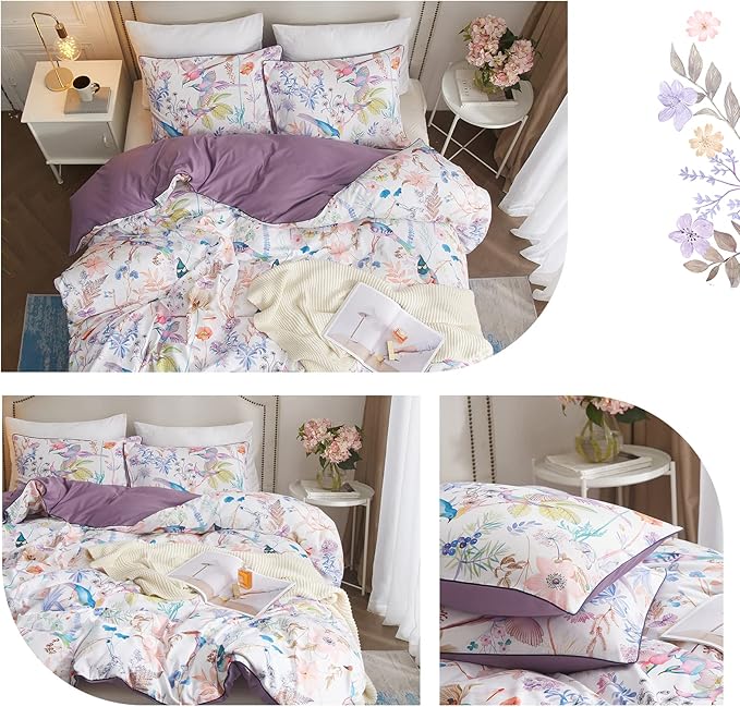 VM VOUGEMARKET Purple Floral Birds Duvet Cover Set,Botanical Flower Plants Pattern Bedding Set in Lilac with Zipper Closure No Comforter(3pcs, Queen Size)