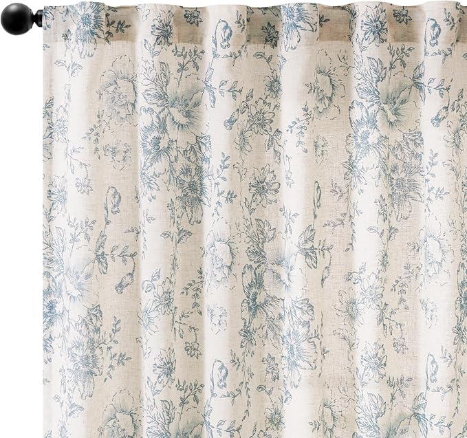 jinchan Linen Blend Curtain Floral Curtains for Living Room 54 Inch Length Blue Printed Curtain Rod Pocket Back Tab Farmhouse Peony Flower Patterned Drapes Bedroom Window Curtains Set 2 Panels