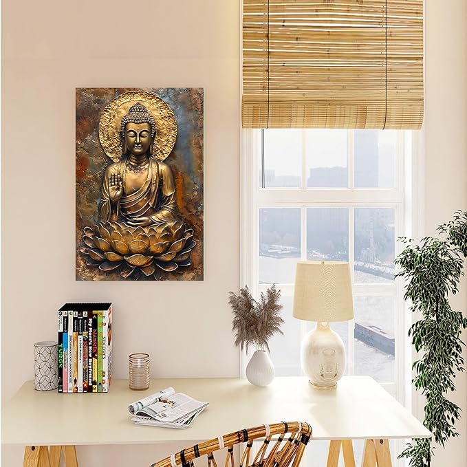 Buddha Wall Art Golden Buddha in Lotus Seat Serene spiritual statue radiant aura Meditation and mindfulness wall art suitable for sacred spaces 24x36in Frameless