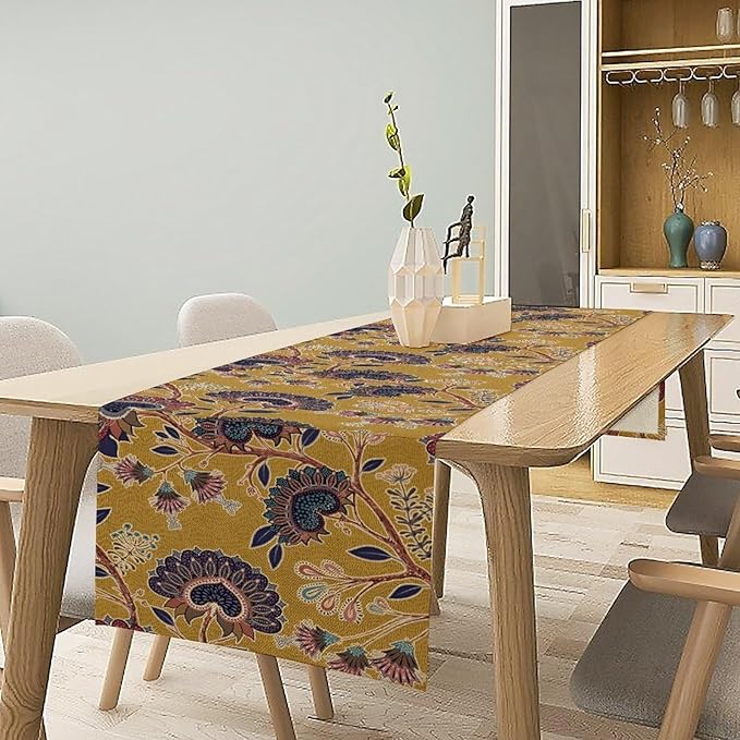 Boho Floral Table Runner, Mustard Yellow Paisley Floral Vintage Farmhouse Table Runner for Kitchen Dining Holiday Party Decor, 13x90 Inch