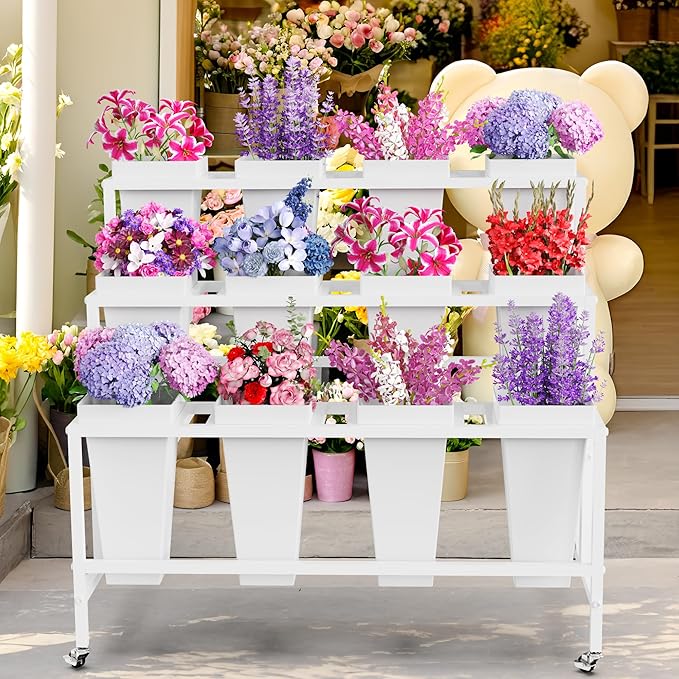 Asee'm Flower Display Stand With 12PCS Buckets 3 Tier Flower Cart Display Stand with Wheels Heavy Duty Moving Metal Plant Stand Flower Bar Flower Rack for Florist Indoor Outdoor Patio Garden White