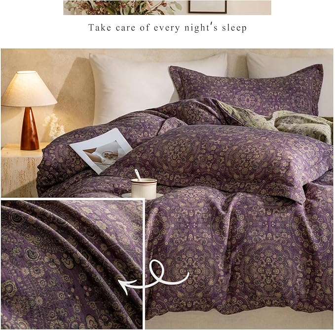 VM VOUGEMARKET Full Duvet Cover Set Purple Green Floral Pattern,3 Pieces Reversible Boho Medallion Jacquard Flower Bedding Set,Linen Cotton Yarn-Dyed Textured Duvet Cover with Zipper Closure