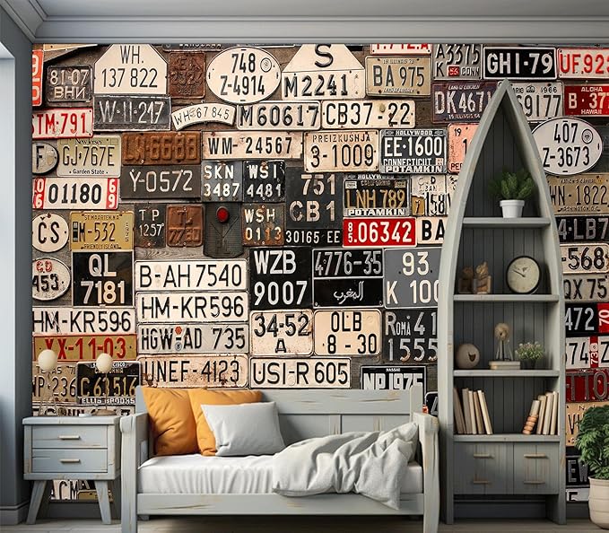 Eierme-Old License Plates from Around The World Mural Wallpaper Peel and Stick 90" x 67"