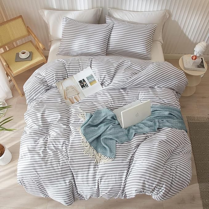 King Size Comforter Set 3 Pieces Striped Comforter Set King Modern Style Boho Bedding Comforter White Grey Stripes Pattern Comforter Set Fluffy Lightweight Farmhouse Bed Comforter for All Season