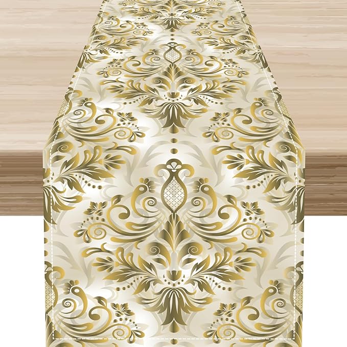 Damask Table Runner, Vintage Traditional Farmhouse Boho Floral Linen Coffee Table Center Decor for Family Kitchen Farmhouse Holiday Party Table Decorations Indoor Outdoor 13x72 inch