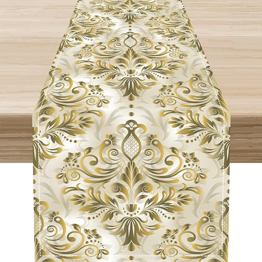 Damask Table Runner, Vintage Traditional Farmhouse Boho Floral Linen Coffee Table Center Decor for Family Kitchen Farmhouse Holiday Party Table Decorations Indoor Outdoor 13x72 inch