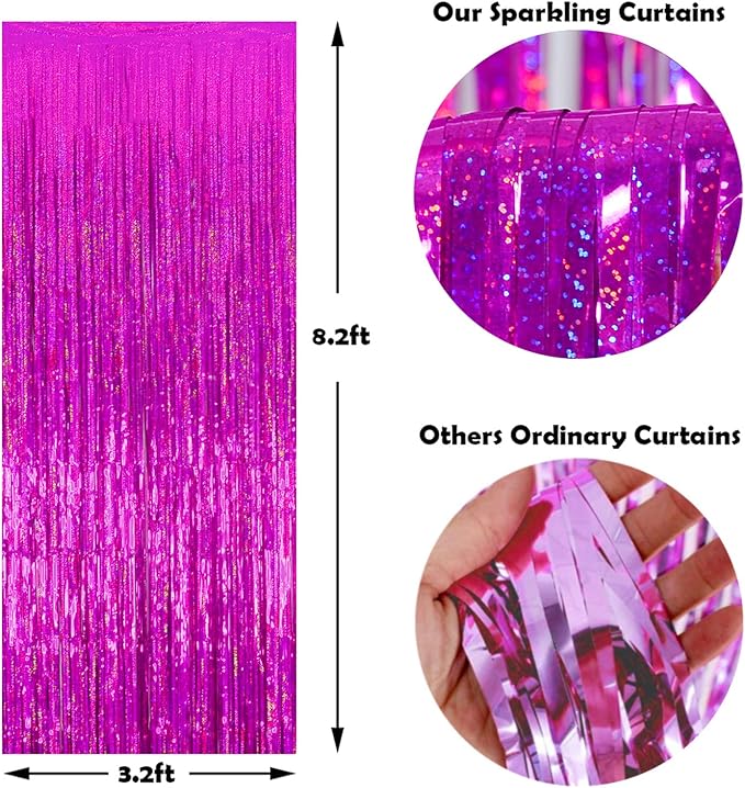 Melsan 2 Pack 3.2 ft x 8.2 ft Hot Pink Tinsel Foil Fringe Curtains Backdrop, Sparkle Foil Tinsel Curtains for Party Picture Area Decoration, Rose Red
