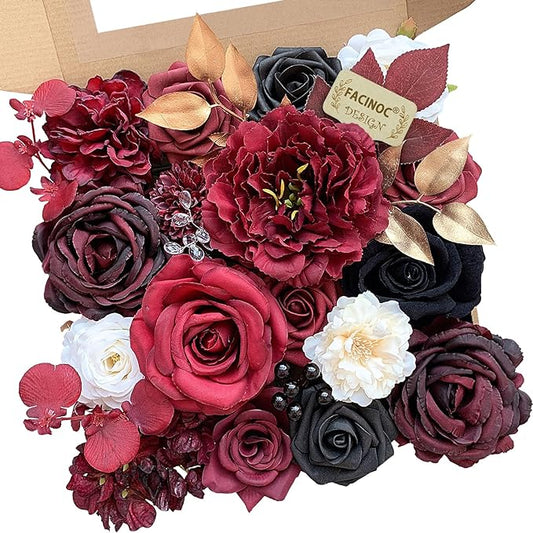 Roses Artificial Flowers Burgundy Fake Flower Bulk with Stems for DIY Wedding Bouquet Bridal Baby Shower Centerpiece Table Decorations Silk Faux Floral Arrangements Party Home Decor Red Black