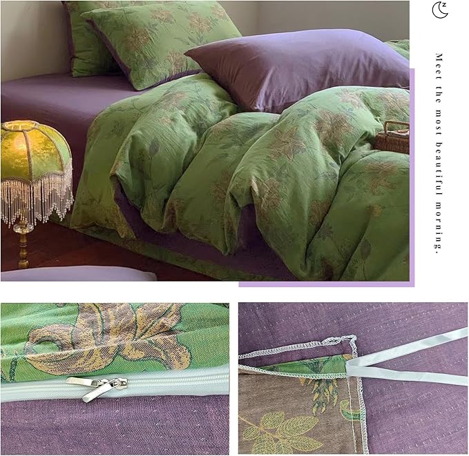 VM VOUGEMARKET Green Duvet Cover Set Full,Lily Flower Jacquard Duvet Cover with 2 Pillowcases 3Pcs Yarn-Dyed Linen Cotton Green Purple Bedding Set for Teens Girls Without Comforter-80 x90