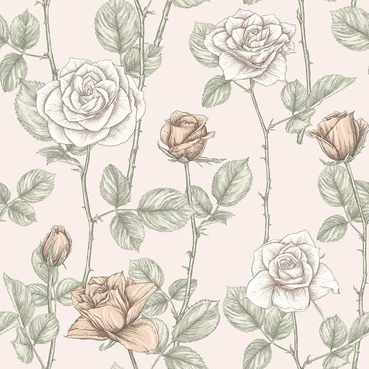 VaryStyle Vintage Beige Floral Wallpaper Elegant Rose Branches Flower Peel and Stick Wallpaper for Bedroom Bathroom 17.7"x118" Self Adhesive Waterproof Vinyl Beige Contact Paper for Cabinets Drawers