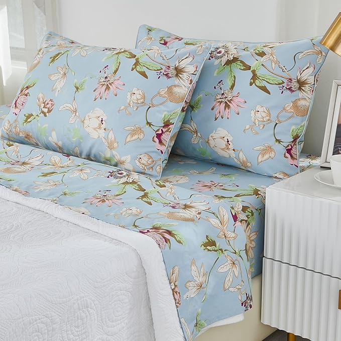Brandream Floral Bedding Botanical Flower Farmhouse Queen Size Sheets Set Luxury Bedding Collections 800 Thread Count 100% Egyptian Cotton Deep Pocket, 4 Piece Blue