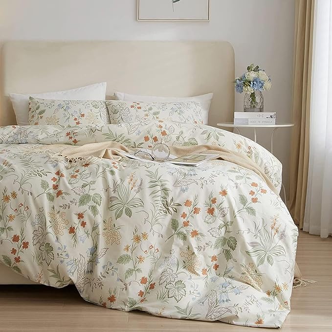 LifeTB Vintage Garden Floral Comforter Set Queen Fresh Flowers Green Leaves Cute Floral Bedding Comforter Farmhouse Bedding Set 3 Pieces Aesthetic Botanical Comforter Set for All Seasons Queen Size