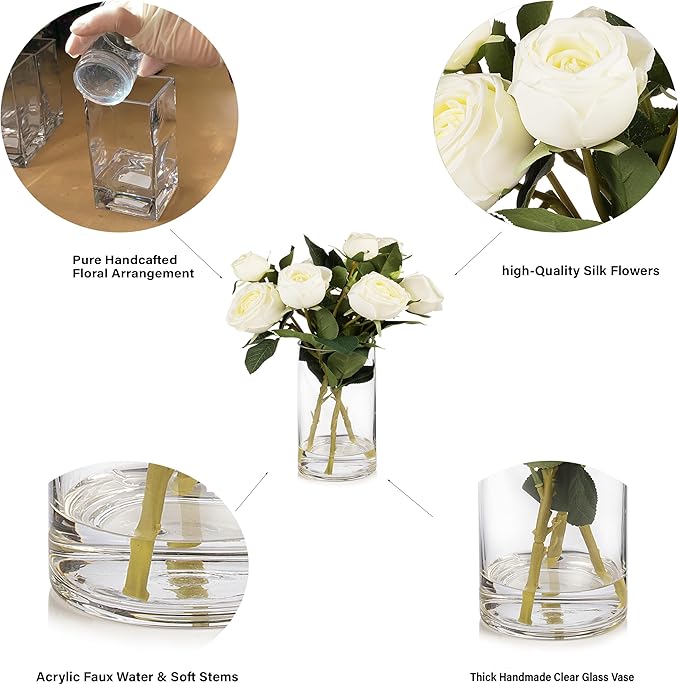 ENOVA FLORAL 9 Heads Silk Rose Artificial Flowers in Vase,Faux Rose Flowers Arrangement in Vase with Faux Water for Table Decor Centerpieces (Cream)